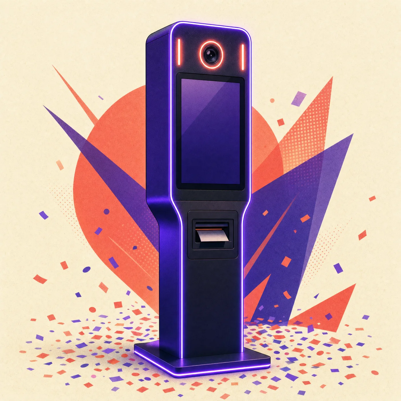 Illustration du photobooth avec écran tactile et imprimante