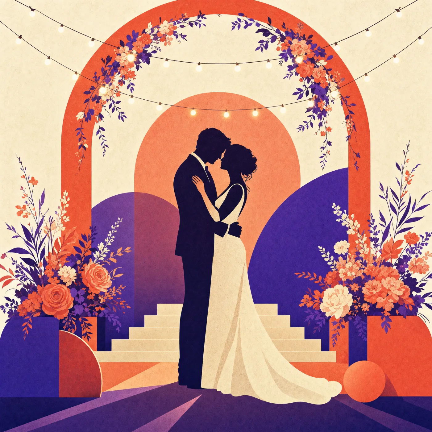 Illustration élégante d'un photobooth pour mariage, guirlande lumineuse et bouquets